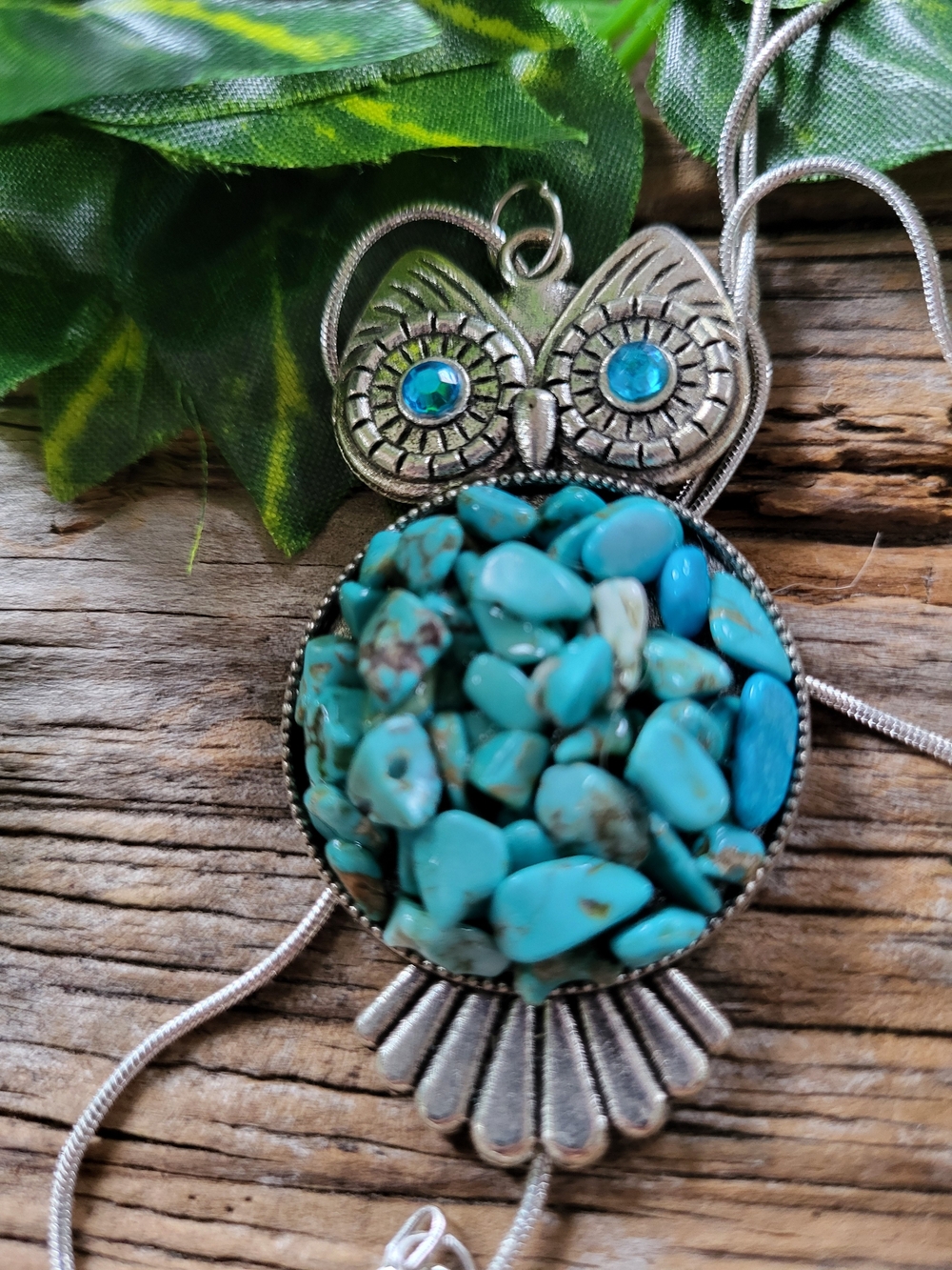 Turquoise Owl Pendant Necklace - Under Glass Cabachon